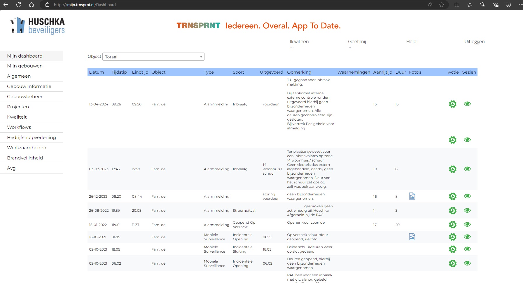 Screenshot van het TRNSPRNT Dashboard klantenportaal, toont inlogpagina en navigatiemenu.